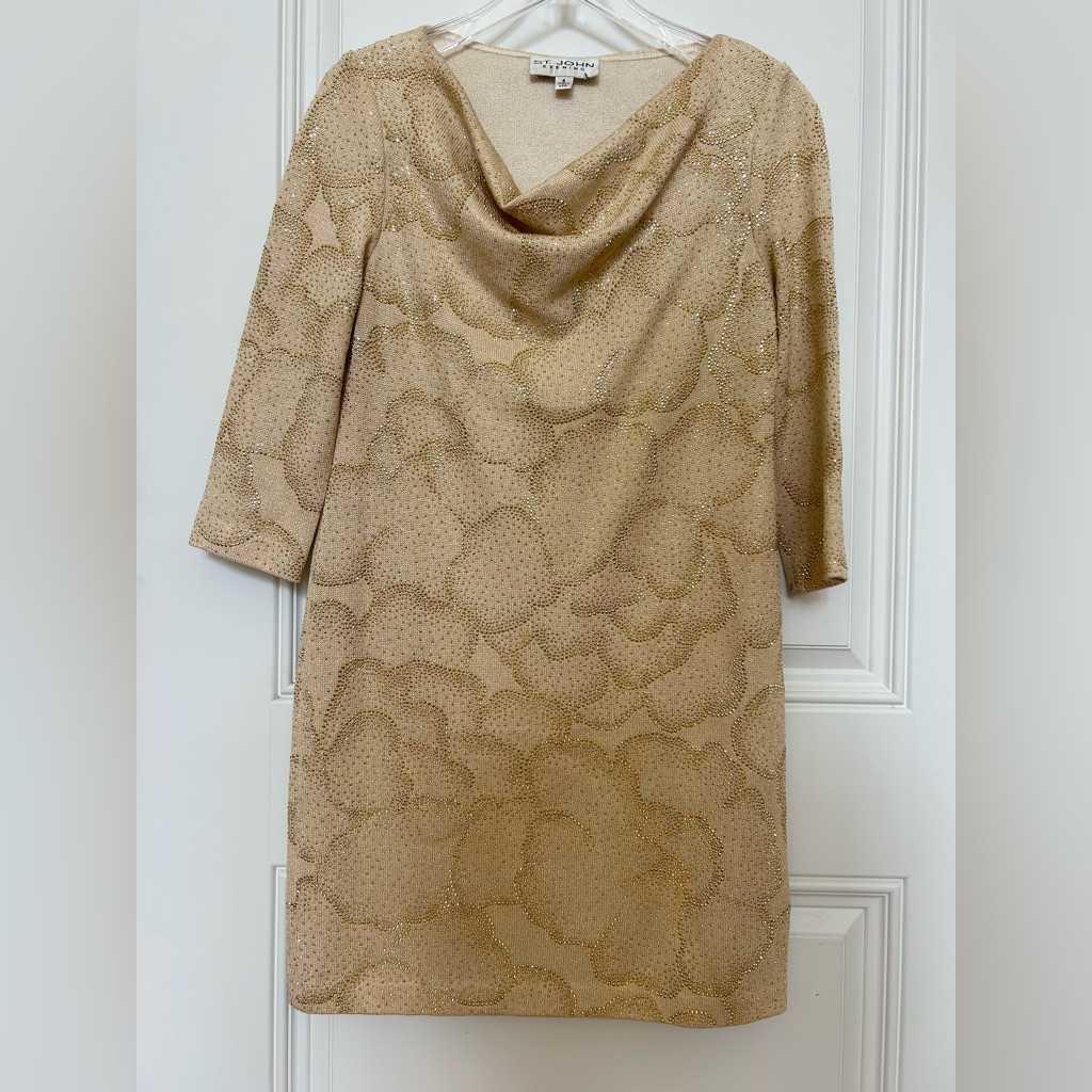 St. John Evening Gold Beaded Cowl Neck Mini Dress With 3/4 Sleeve